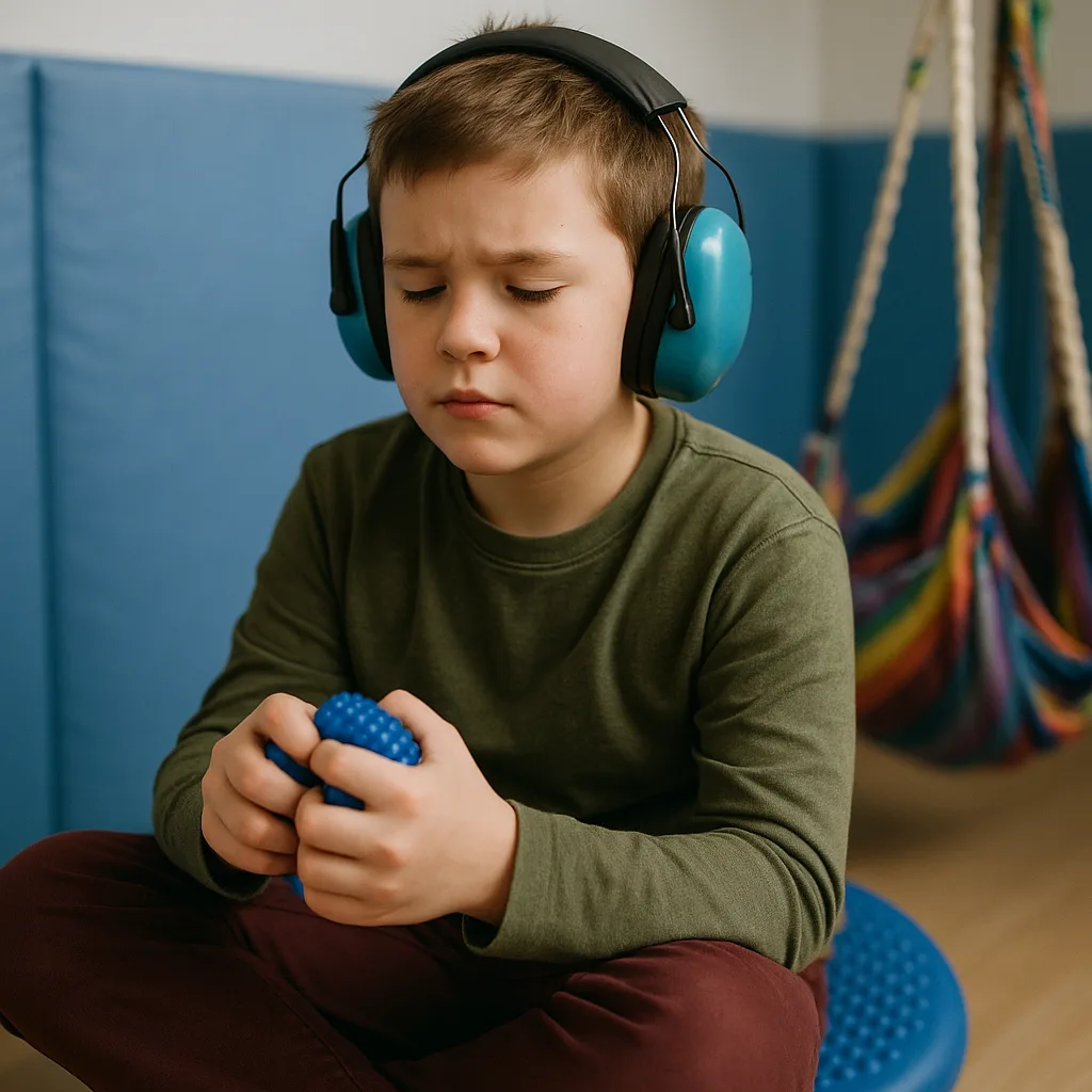 Child wearing noise-reducing headphones squeezes a textured sensory ball