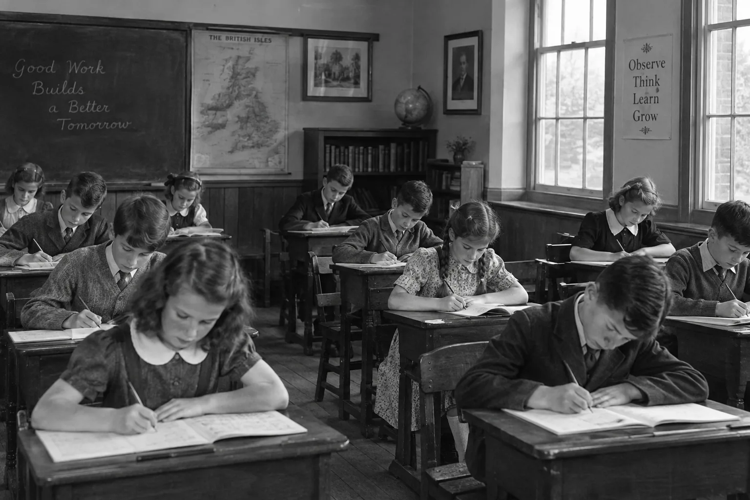 Students write at wooden desks in a vintage classroom with a British Isles map