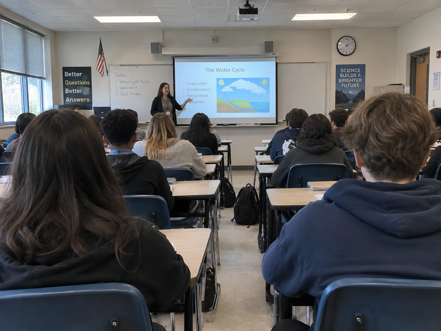 Teacher presents a water cycle lesson to students in a classroom